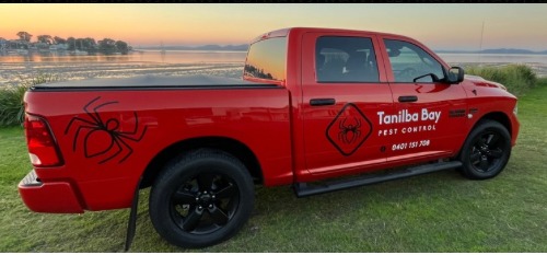 The red Tanilba Bay Pest Control ute parked by the water at sunset